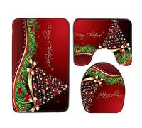 WElinks 3Pcs Charming Festival Bathroom Mat Sets - Christmas Toilet Seat Cover Set, Xmas Decal Doormat, Non-Slip Pedestal Rug, Lid Toilet Cover - Christmas Home Bathroom Decoration