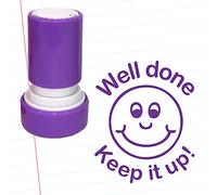 Well Done!, Keep it up! Teacher Stamp. Self-Inking, 22mm, Reinkable, Quality Stamper for Marking and Praise. Purple Ink*