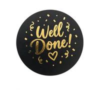 Well Done Reward Stickers 1.5 Inch - Black Gold Round Congratulations Labels for Teachers, Parents & Classroom Rewards, Encouragement Stickers for Kids, Pack of 50
