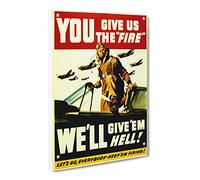 We'Ll Give Em Hell War Poster Canvas Print | Gallery Wrapped 30mm Frame Wall Art | 20x14 inches | Ready to Hang | Retro Picture | Living Room Bedroom Lounge Office
