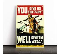 We'll Give em Hell War Poster Canvas Print | Gallery Wrapped 30mm Frame Wall Art | 30x20 inches | Ready to Hang | Modern Picture | Living Room Bedroom Lounge Office