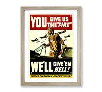 We'Ll Give Em Hell War Poster Vintage Framed Print | A2 Oak Framed Wall Art | Ready to Hang | Classic Nature Picture | Living Room Bedroom Lounge Office