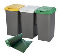 WELL HOME MOBILIARIO & DECORACIÓN 3 x 25 Litre 3 Compartment Bicycle Bin + Roll of 20 Bin Liners 30L