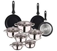 Well Home Set of 12pc Stainless Steel Cookware + 3 Frying Pans Ø16Ø20Ø24cm Black in Pressed Aluminium