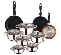 Well Home Set of 12pc Stainless Steel Cookware + 3 Frying Pans Ø16Ø20Ø24cm Bronze Metallic Pressed Aluminium