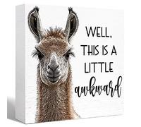 Well This is A Little Awkward Funny Alpaca Llama Bathroom Wood Block Sign for Bathroom Shelf Toilet Restroom Home Tabletop Desk Decor,5x5 Inch