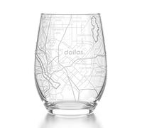 WELL TOLD Engraved Dallas Texas Map Stemless Wine Glass, Etched Glass (15 oz, Clear) City Custom Gifts for Lovers