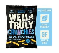 WELL&TRULY: Salt & Vinegar | Baked Corn Snacks - Gluten Free - Plant Based & Vegan - No Added Sugar - Less Fat - Healthy Snack - (Box of 14 Bags, 100g Each)