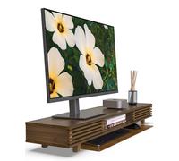 WELL WENG 42" Dual Monitor Stand with Sliding Doors Desk Shelf Dark Bamboo | Ergonomic Relief Easy Assembly Solid Construction Cozy Workplace Computer Setup Desk Organizer High Load-bearing