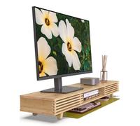 WELL WENG Bamboo 42” Dual Monitor Stand with Sliding Doors Desk Shelf | Ergonomic Relief Easy Assembly Solid Construction Cozy Workplace Computer Setup Desk Organizer High Load-bearing