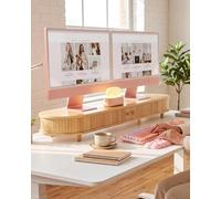 WELL WENG Bamboo Dual Monitor Stand with Storage, 42 Inch Desk Shelf Riser | Curved Double Computer Laptop Stand Desk Shelf Organizer with Sliding Doors for 55-72 Inch Desk