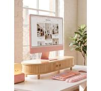WELL WENG Bamboo Monitor Stand with Storage, 25 Inch Desk Shelf Riser | Curved Computer Laptop Stand Desk Shelf Organizer with Sliding Doors for 47-55 Inch Desk