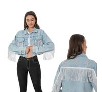 WELLATENT Fringe Denim Jean Jacket Cropped Rhinestone Denim Jacket Distressed Long Sleeve Tassel Jean Coat for Women, Lightblue, Small