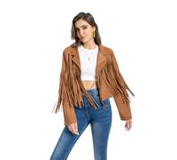 WELLATENT Fringe Jacket, Western Cowgirl Faux Suede Leather Jacket Tassel Crop Moto Top Country Concert Outfits for Women., Brown, M