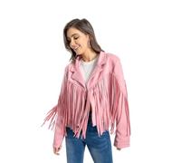 WELLATENT Fringe Jacket, Western Cowgirl Faux Suede Leather Jacket Tassel Crop Moto Top Country Concert Outfits for Women., Pink, L