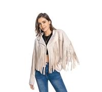 WELLATENT Fringe Jacket, Western Cowgirl Faux Suede Leather Jacket Tassel Crop Moto Top Country Concert Outfits for Women., Off-white, M