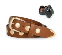 WELLATENT Studded Leather Belt for Women, Fashion Punk Belt for Jeans Dress Ladies Western Leather Belt., Brown-gold, Medium