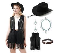 WELLATENT Western Outfits for Women Boho Cowboy Hat Rose hollow Fringe Vest Multi-layer Necklace Hippie Outits for Cosplay, Black, XXL