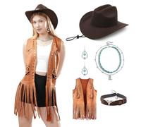 WELLATENT Western Outfits for Women Boho Cowboy Hat Rose hollow Fringe Vest Multi-layer Necklace Hippie Outits for Cosplay, Brown, XL