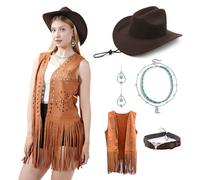 WELLATENT Western Outfits for Women Cowboy Hat Geometric hollow Fringe Vest Multi-layer Necklace Hippie Outits for Cosplay, Brown, XXXL