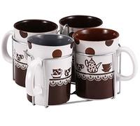 Wellberg 280ml Ceramic Coffee Mug Set of 4 with Metal Holder, Brown and White | Dishwasher & Microwave-Safe Tea & Coffee Cups for Hot Drinks | Kitchen Accessories & Drinkware, Hot Chocolate Mug Set