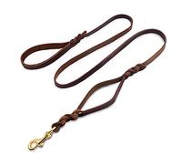 Wellbro Leather Double Handle Dog Leash-1.8cm Width by 6ft Length, Braided Training Lead with Traffic Handle, Easy Control and Heavy Duty