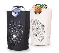 WELLENBORG Set of 2 Premium Foldable Laundry Basket 82L Large Collapsible Laundry Bin Bag Double Layer Fabric Reinforced Base Laundry Hamper Waterproof Dirty Clothes Basket (Black & Beige)