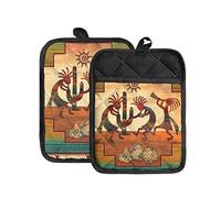 WELLFLYHOM American Indian Pot Holders with Pocket Kitchen Heat Resistant Hot Pads Southwest Aztec 2 Pack Non-Slip Potholders Oven Mitts Kitchen Gloves Cooking Bag