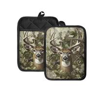 WELLFLYHOM Camo Deer Pot Holders for Kitchen Heat Resistant Potholders with Pocket Hunting Forest Cotton Lining Non-Slip Oven Mitts for Baking Cooking Bag
