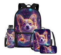 WELLFLYHOM Corgi 6-8 Girls School Bookbag Set Galaxy Planet Kids Backpack and Lunchbox Pencil Case Water Bottle Sleeve Gift for Back to School Season