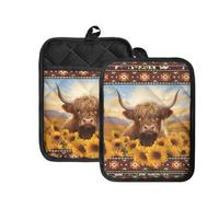 WELLFLYHOM Highland Cow Pot Holders with Pockets Kitchen Hot Pads 2 Piece Heat Resistant Potholder Southwest Aztec Cotton Lining Pot Holders Oven Mitts for Men Women Cooking Baking
