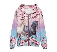WELLFLYHOM Women Y2K Hoodie Zip Up Sweatshirt Vintage Jackets Hooded Cardigan, 1 Sakura Horse Cherry Blossoms, XXXL