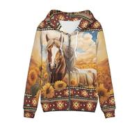 WELLFLYHOM Women Y2K Hoodie Zip Up Sweatshirt Vintage Jackets Hooded Cardigan, 1 Sunflower Horse Southwest Aztec, XXL