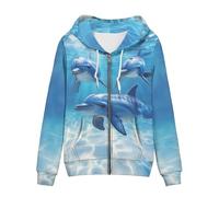 WELLFLYHOM Women Y2K Hoodie Zip Up Sweatshirt Vintage Jackets Hooded Cardigan, Cute Dolphin Ocean Animals, XXL