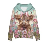 WELLFLYHOM Women Y2K Hoodie Zip Up Sweatshirt Vintage Jackets Hooded Cardigan, Highland Cow Spring Floral, Large