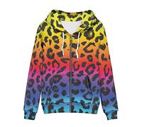 WELLFLYHOM Women Y2K Hoodie Zip Up Sweatshirt Vintage Jackets Hooded Cardigan, Leopard Print Rainbow, Large