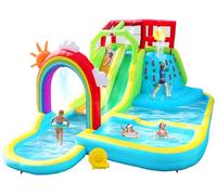 WELLFUNTIME - Double Slide Inflatable Park with Blower, Rainbow Water Curtain Bouncy Castle with Shooting and Rock Climbing