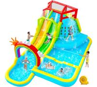 WELLFUNTIME - Double Slide Inflatable Park with Blower, Rainbow Water Curtain Bouncy Castle with Shooting and Rock Climbing