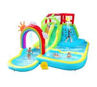 WELLFUNTIME - Double Slide Inflatable Park with Blower, Rainbow Water Curtain Bouncy Castle with Shooting and Rock Climbing