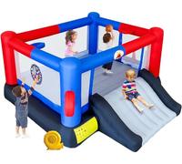 WELLFUNTIME Inflatable Bounce House with Slide, 160" x 138" x 60" Kids Bouncer Jumping Castle Blower Ball Pit Dual Basketball Hoop Ring Toss Dart Board Jump Area for 4 People