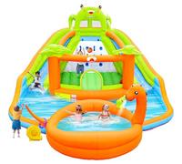 WELLFUNTIME Inflatable Water Double Slides Park with Blower, Bouncy Castle with Water Cannon, Dino Pool, Frog Castle, Climbing Wall, Basketball Hoop, Backyard Water Park for Kids