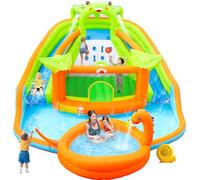 WELLFUNTIME Inflatable Water Double Slides Park with Blower, Bouncy Castle with Water Cannon, Dino Pool, Frog Castle, Climbing Wall, Basketball Hoop, Backyard Water Park for Kids