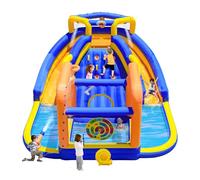 WELLFUNTIME Inflatable Water Double Slides Park with Blower, Inflatable Bounce House with Climbing Wall, Water Cannon, Archery Dartboard Game, Water Curtain Sprayer and Deep Pool