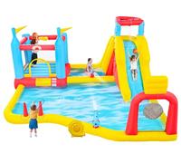 WELLFUNTIME Inflatable Water Slides Park with Blower, Bouncy Castle with Climbing Wall, Dual Water Cannons, Dual Basketball Hoop, Dartboard, Ring Throw, Deep Pool