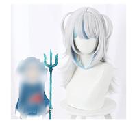 WELLHY Anime Gawr Gura Cosplay Wig Shark Girl Silver Mixed Blue Medium Cute Ponytails Curly Party Hair Halloween Women Girls Coser Wig