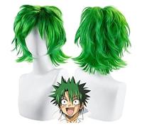 WELLHY Anime Law of Ueki Cosplay Wig Green Fluffy Short Hair for Kosuke Ueki Role Play Halloween Wigs with Wig Cap Coser Wig