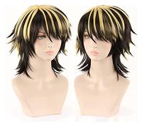 WELLHY Black Mixed Blonde Short Natural Wavy Wig for Party Anime Synthetic Cosplay Wig for Men Coser Wig
