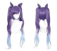 WELLHY Cosplay Wig Anime Game Cosplay Wig for Genshin Impact Keqing Purple Short Bob Twin Ponytail & Cat Ears Clip Hair Modeling Party Dress Up Wig Heat Resistant Synthetic Hair+ Wig Cap for Coser