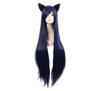 WELLHY Cosplay Wig Game Cosplay Wigs Ahri Character 100cm Dark Blue Wig with Ears Heat Resistant Synthetic Hair Perucas Cosplay Wig for Coser