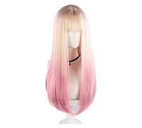 WELLHY Cosplay Wig Golden Mixed Pink Lolita Wigs Long Straight Wig for Women with Bangs Heat Resistant Synthetic Hair Halloween for Coser